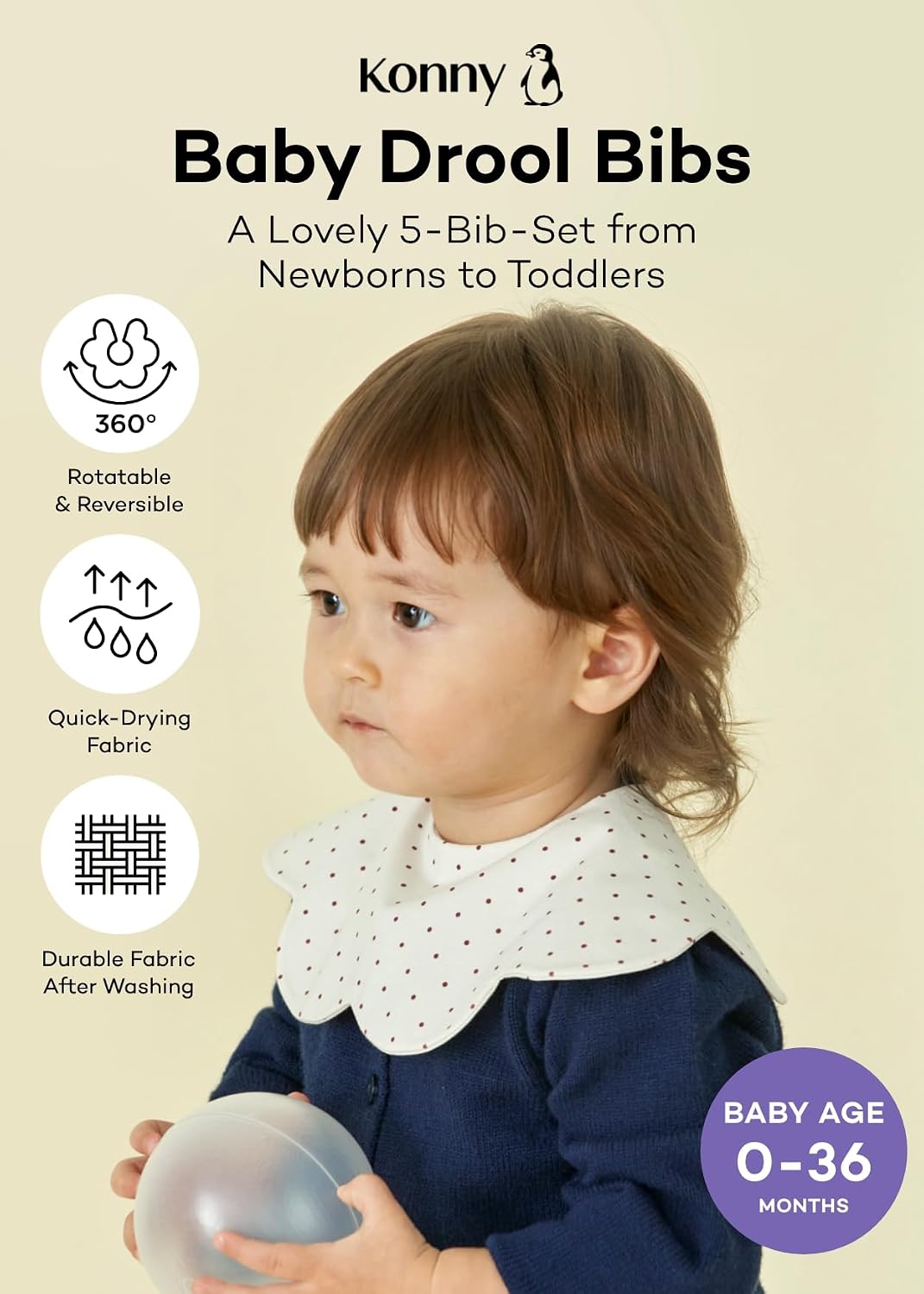 Konny Baby Bib 3/5/7-Pack Set, 360 ° Rotate, Soft and Absorbent Drooling for Toddler Boys Girls Baby Essentials