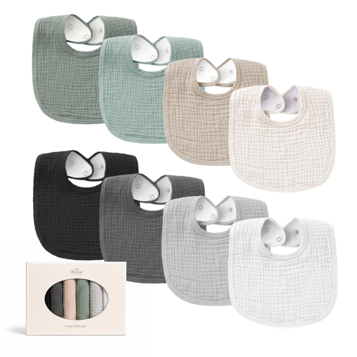 Konssy 8-Pack Muslin Baby Bibs, Adjustable Fit for Drooling and Teething