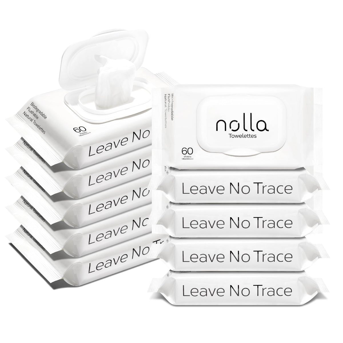 Nolla Flushable Wipes - 100% Plant-Based and Biodegradable - Soft, Unscented + Soothing Aloe and Vitamin E - For Adults and Kids 180 Count (3 Packs of 60)
