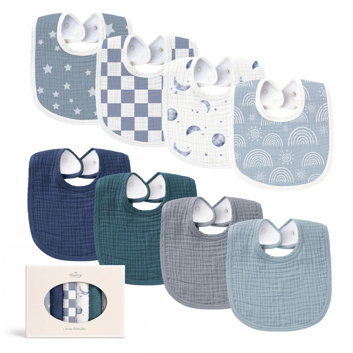 Konssy 8-Pack Muslin Baby Bibs, Adjustable Fit for Drooling and Teething