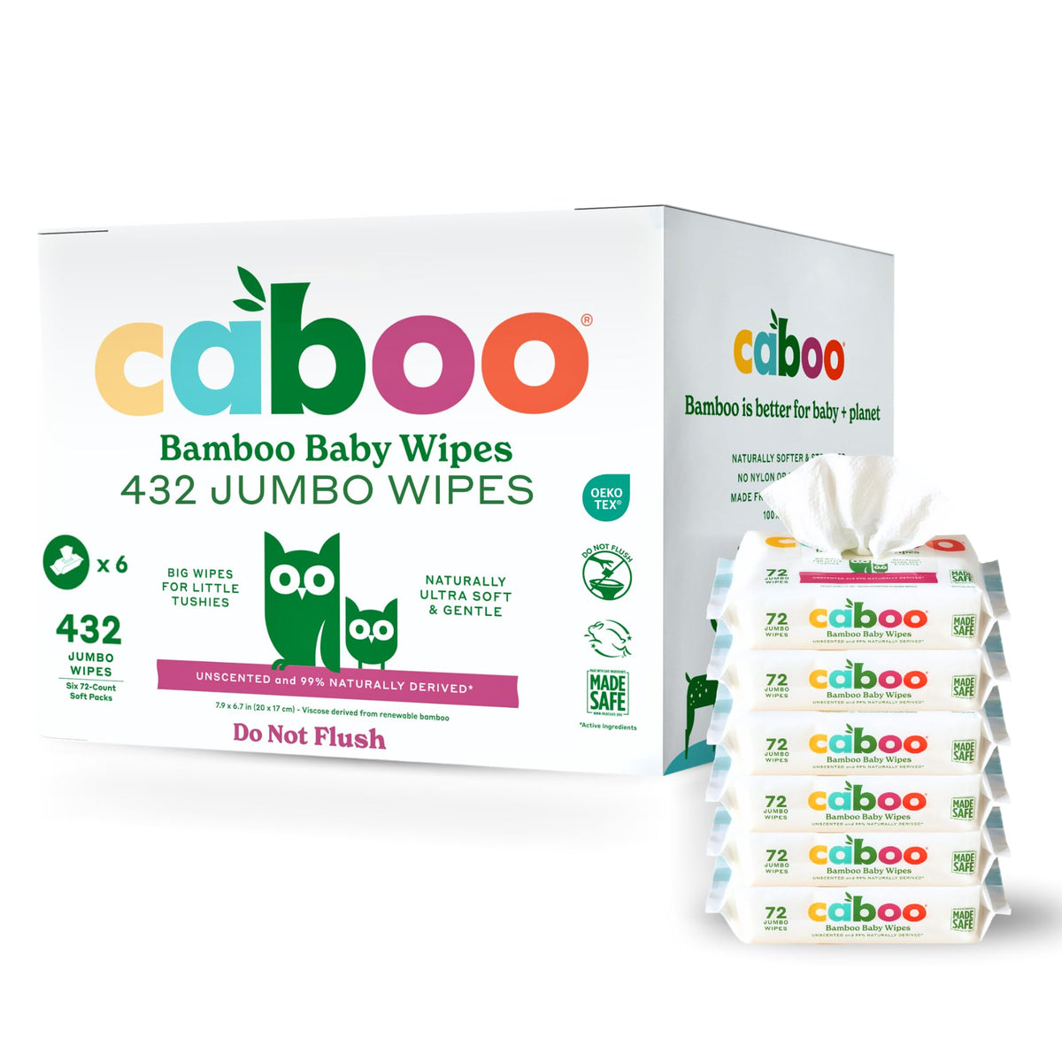 Caboo Baby Wipes, Made with Bamboo Viscose, Certified Made Safe Ingredients, Unscented Baby Wipes Good for Sensitive Skin, 72 Wipes Per Travel Pack, Total of 216 Wet Wipes