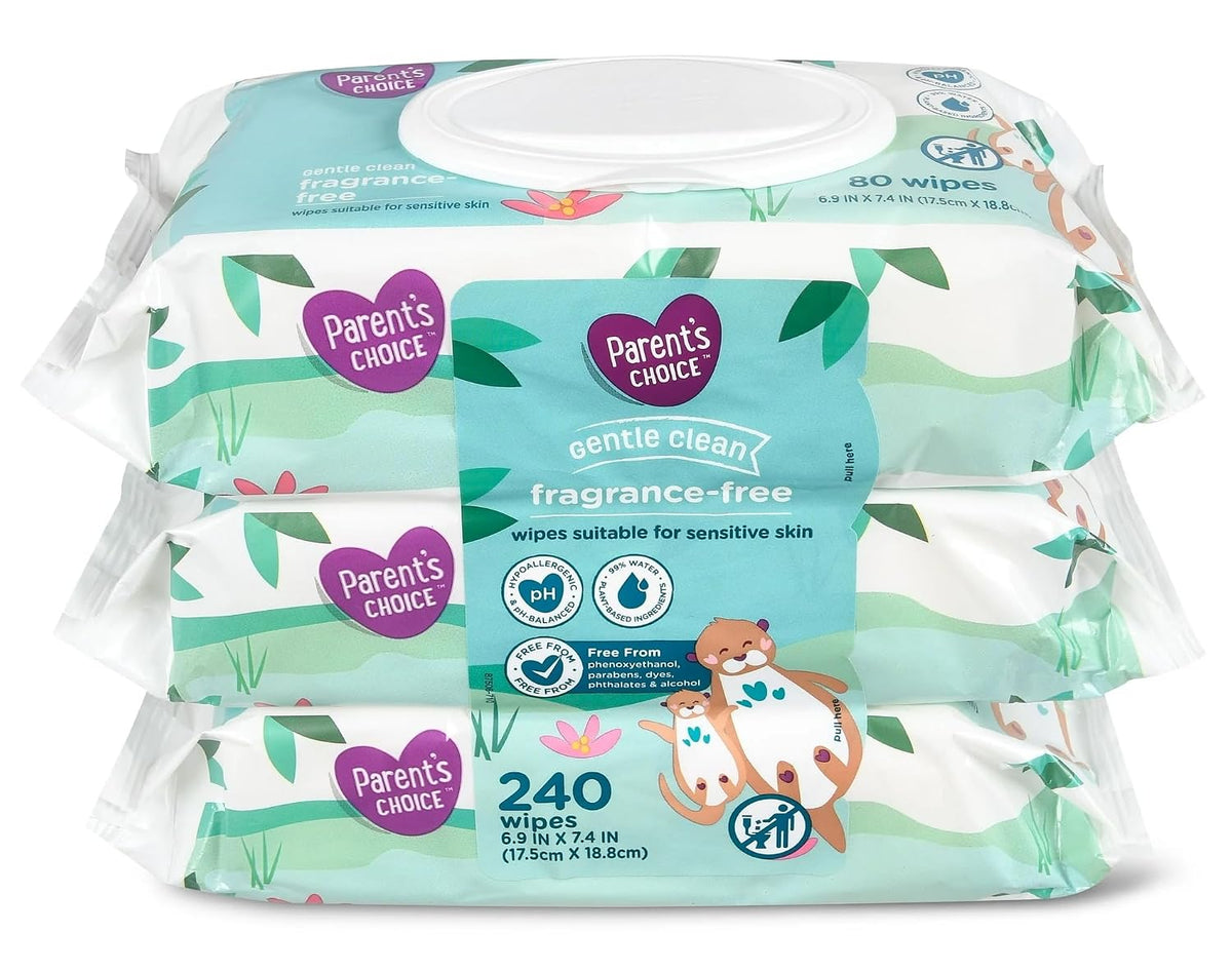Parent's Choice Gentle Clean Fragrance-free Unscented No Scent Baby Wet Wipes Suitable for Sensitive Skin Infused with Vitamin E and Aloe, 240 Count (Value Pack Includes 3 80-Count Packages) - 1 Pack