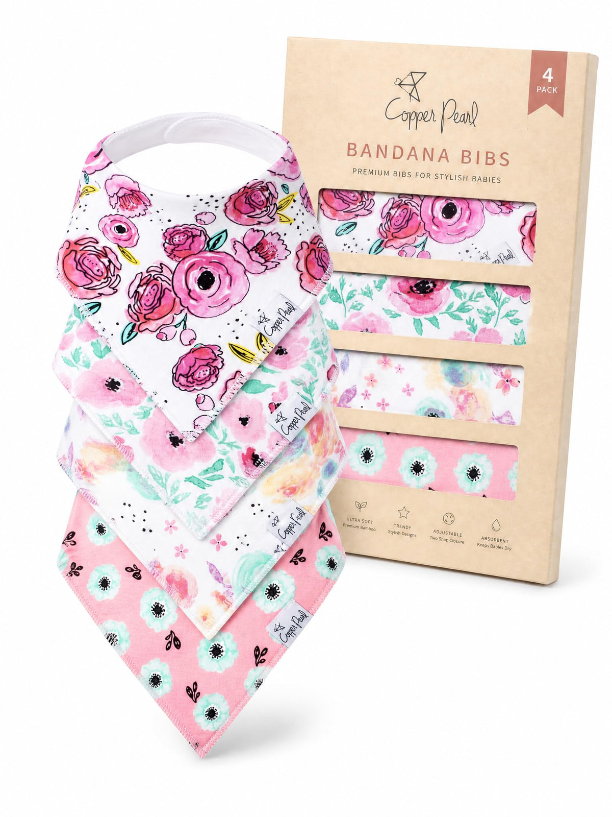 Copper Pearl Baby Bibs 4 Pack, Printed Bandana Drool Bibs for Baby Girl & Boy, Soft Cotton Drooling Teething Bibs