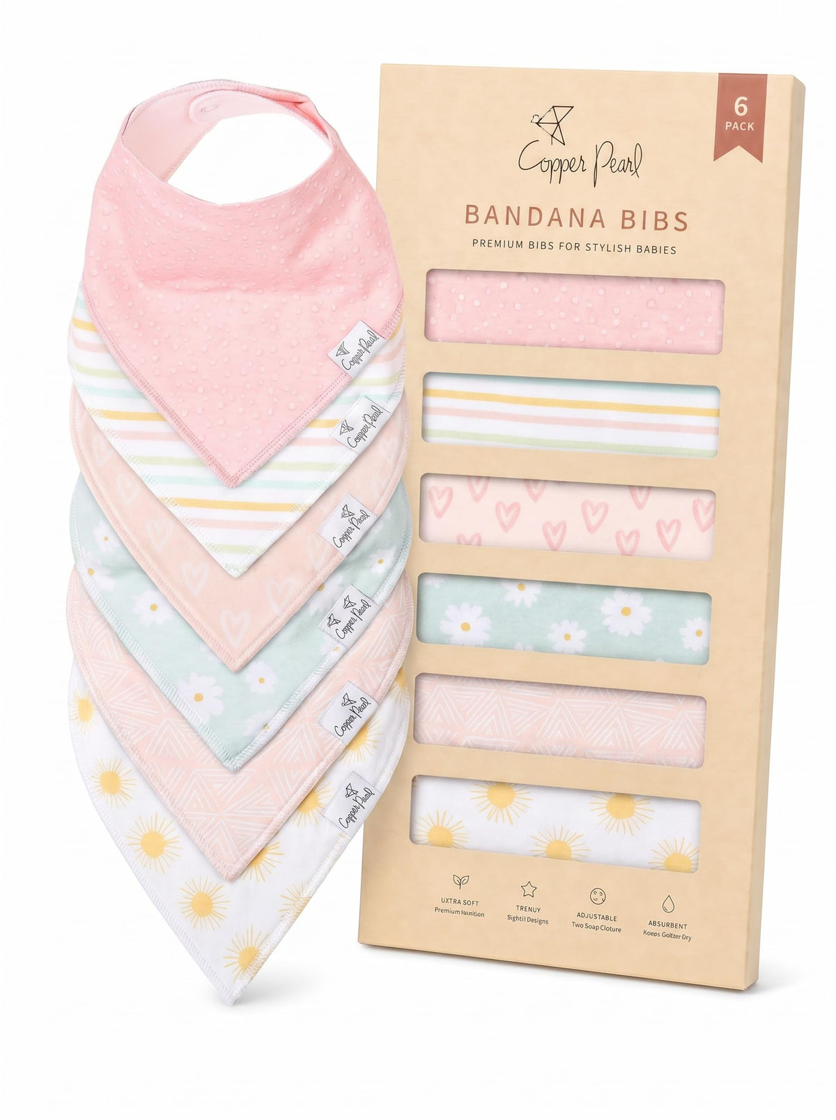 Copper Pearl Baby Bibs 4 Pack & 6 Pack, Bandana Drool Bibs for Baby Girl & Boy, Soft Cotton Bibs for Drooling and Teething