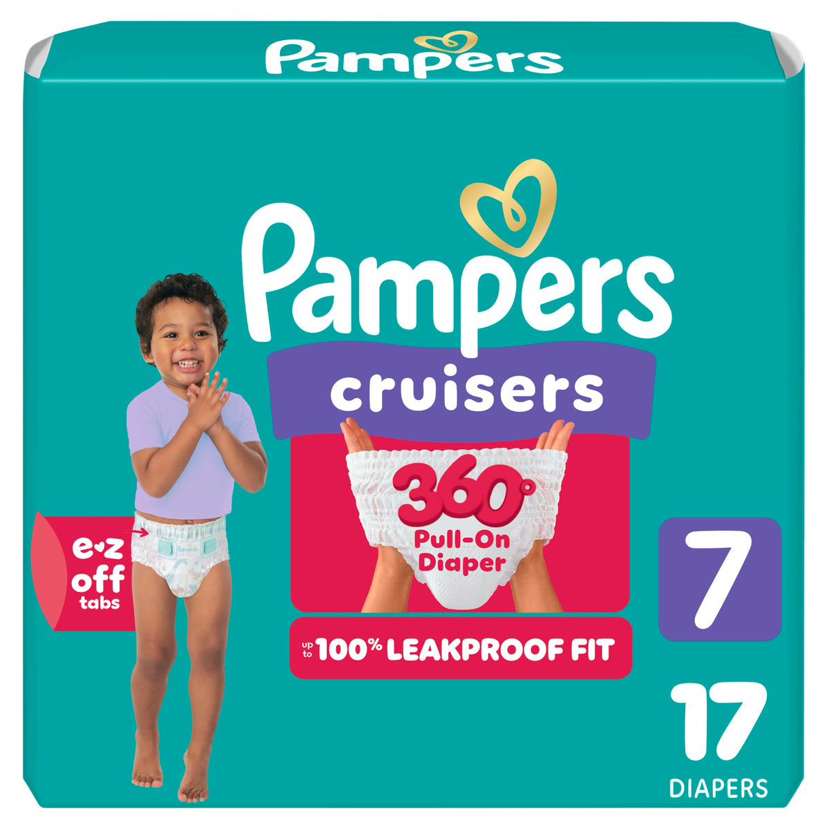 Pampers Diapers - Cruisers 360° - Size 7, 17 Count, up to 100% Leakproof Fit, Designed for Active Babies, Pull On Diaper