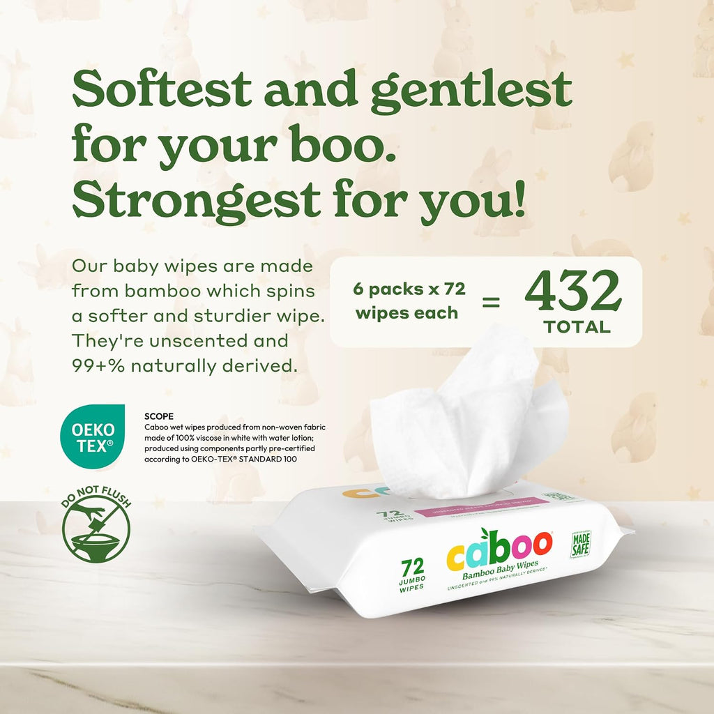 Caboo Baby Wipes, Made with Bamboo Viscose, Certified Made Safe Ingredients, Unscented Baby Wipes Good for Sensitive Skin, 72 Wipes Per Travel Pack, Total of 216 Wet Wipes