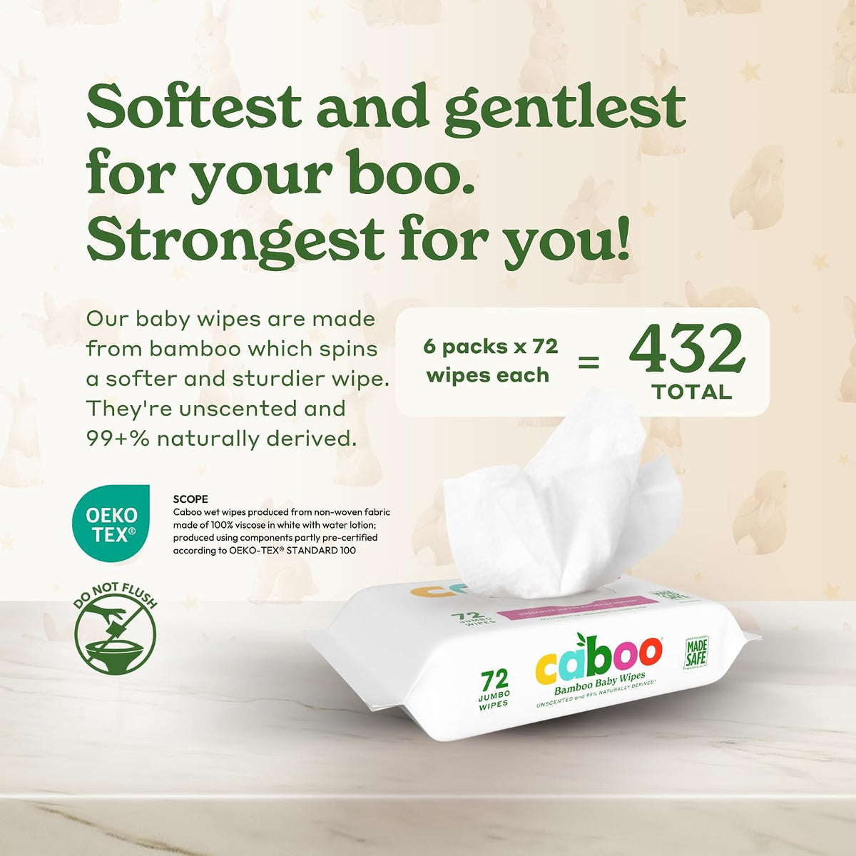 Caboo Baby Wipes, Made with Bamboo Viscose, Certified Made Safe Ingredients, Unscented Baby Wipes Good for Sensitive Skin, 72 Wipes Per Travel Pack, Total of 216 Wet Wipes