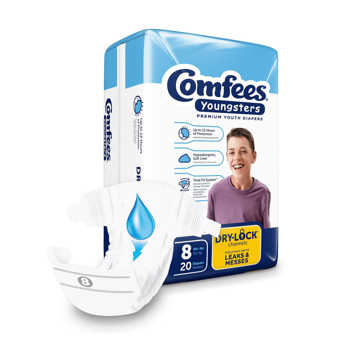 Comfees Youngsters Youth Incontinence Brief 8 Heavy Absorbency Contoured, CMF-8, 49, 80 Ct