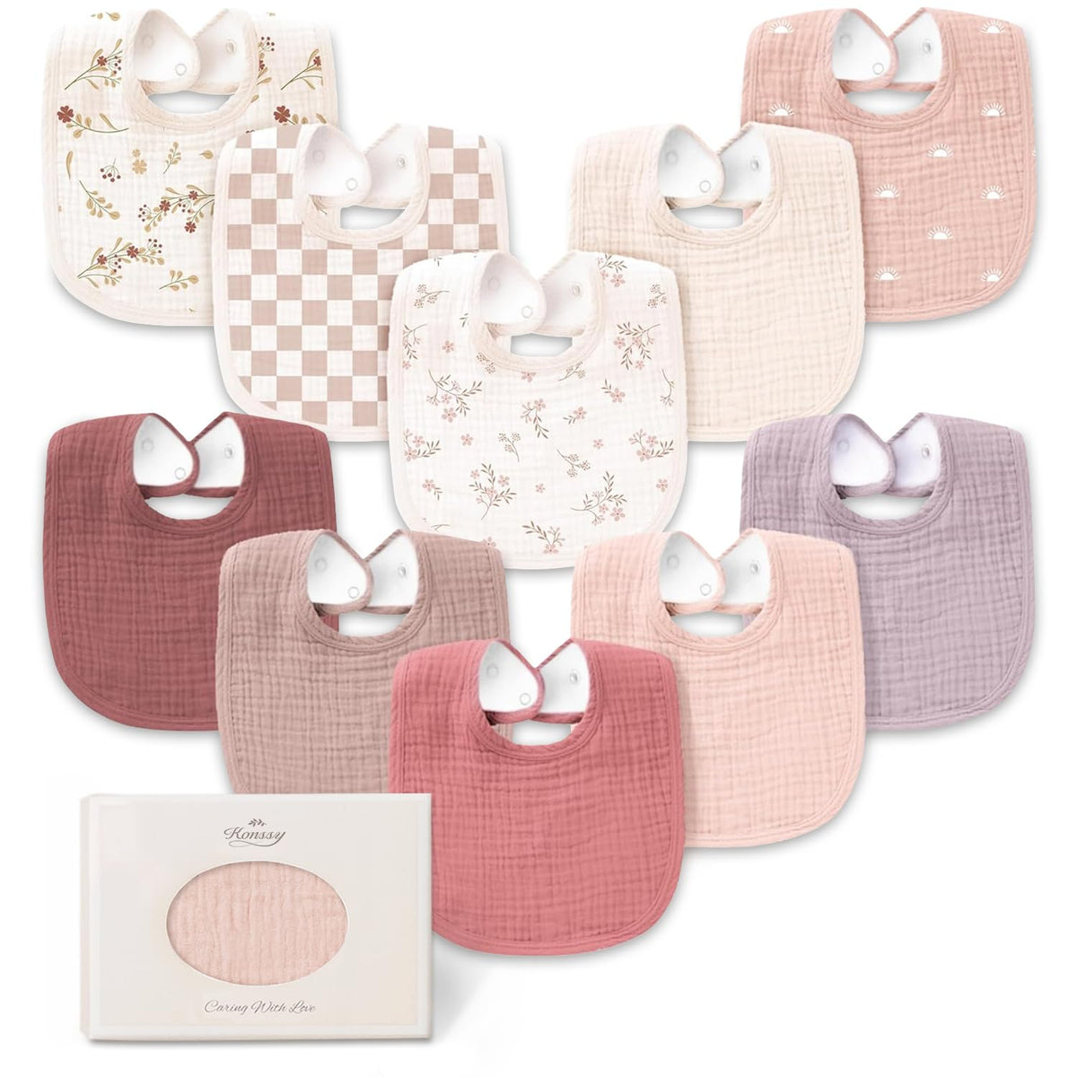 Konssy 8-Pack Muslin Baby Bibs, Adjustable Fit for Drooling and Teething
