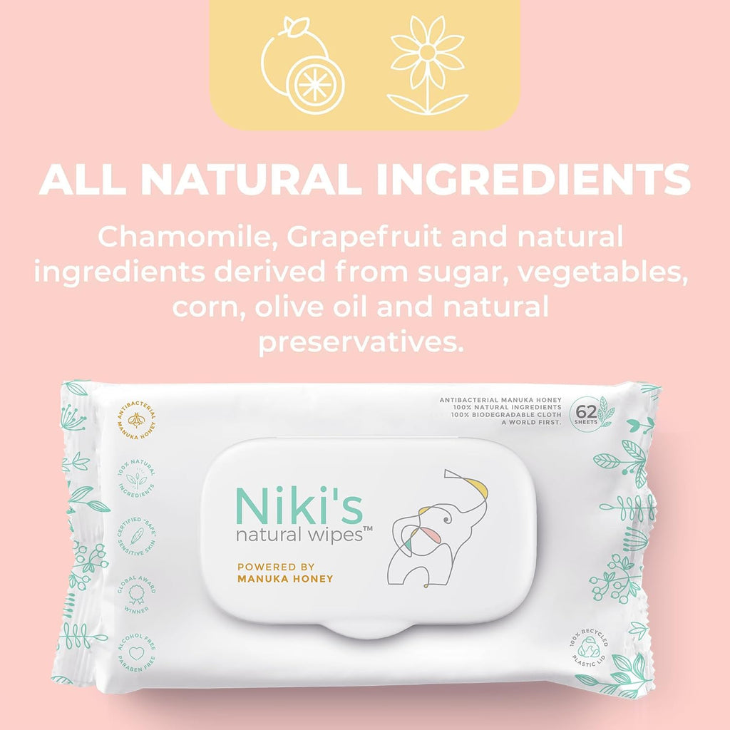 Niki's Natural Baby Wipes, Sensitive Organic Manuka Honey Wet Wipes, 4 Pack