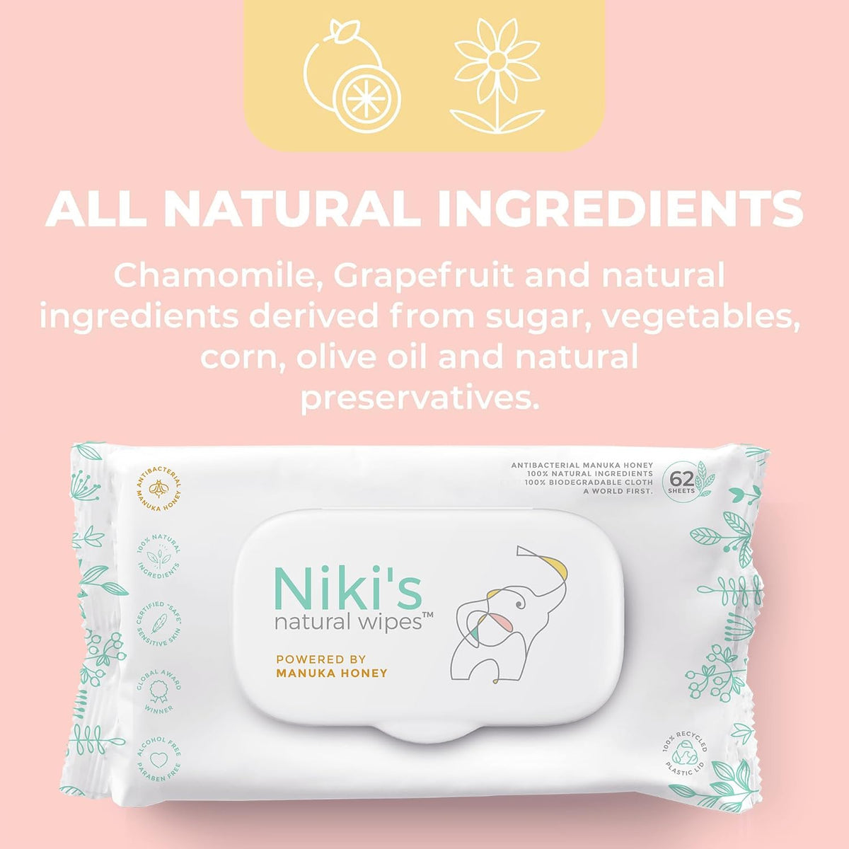 Niki's Natural Baby Wipes, Sensitive Organic Manuka Honey Wet Wipes, 4 Pack