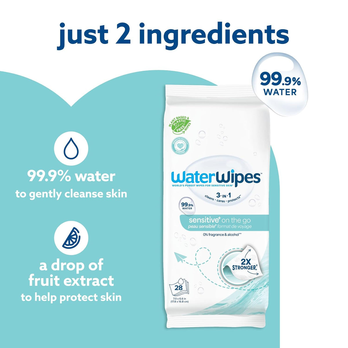WaterWipes Sensitive+ On The Go Wipes, 3-In-1 Cleans, Cares, Protects, 99.9% Water, Unscented & Hypoallergenic Wet Wipes, 224 Count (8 Packs)