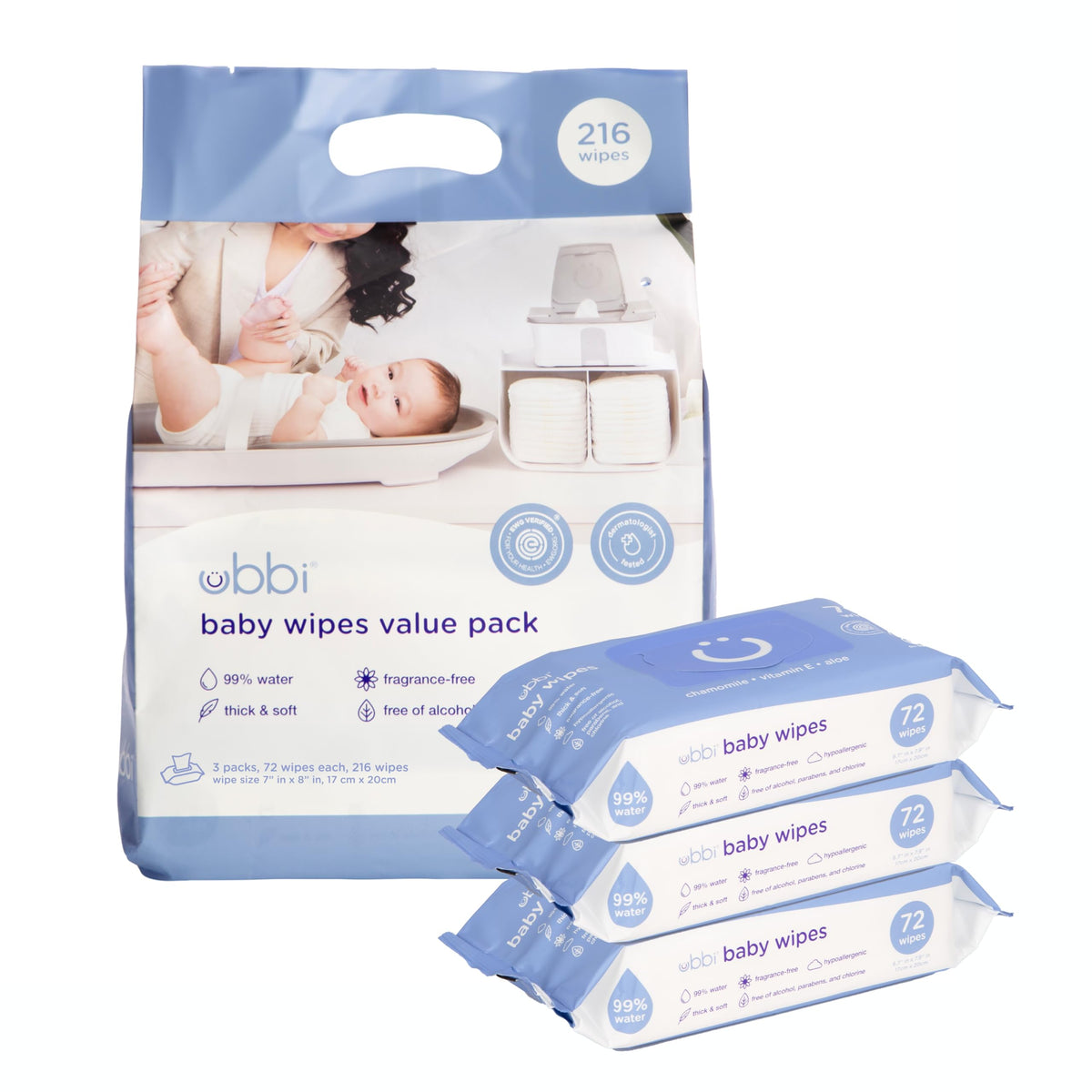 Ubbi Fragrance-Free Baby Wipes, 99% Water Based, EWG Verified, 3 Pack