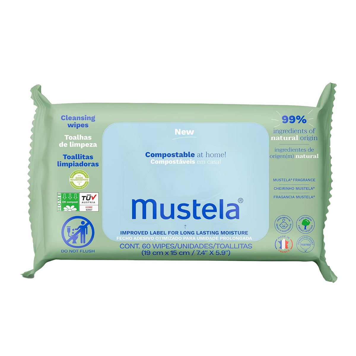 Mustela Baby Home Compostable Cleansing Wipes - For Face, Body & Diaper Area - 99% ingredients of natural origin & plant-based fibers - For all skin types - Fragrance Free Version & Various Sizes