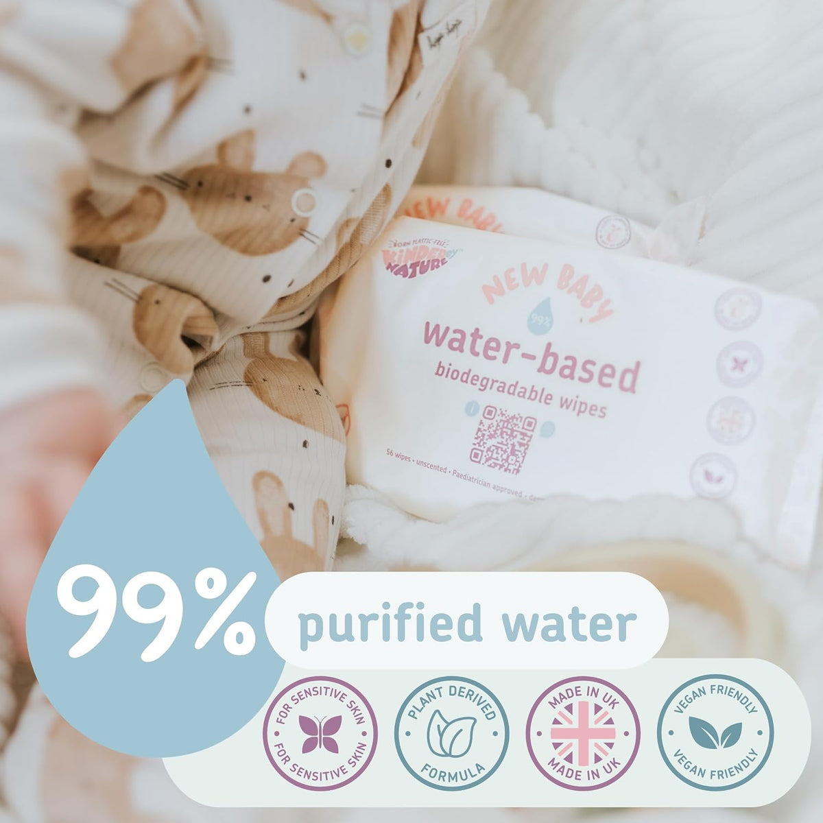 Kinder by Nature Water-Based Baby Wipes - 672 Count (12 packs of 56) -Unscented and Hypoallergenic - 99% water - 100% biodegradable - Plastic-Free Baby Wipes