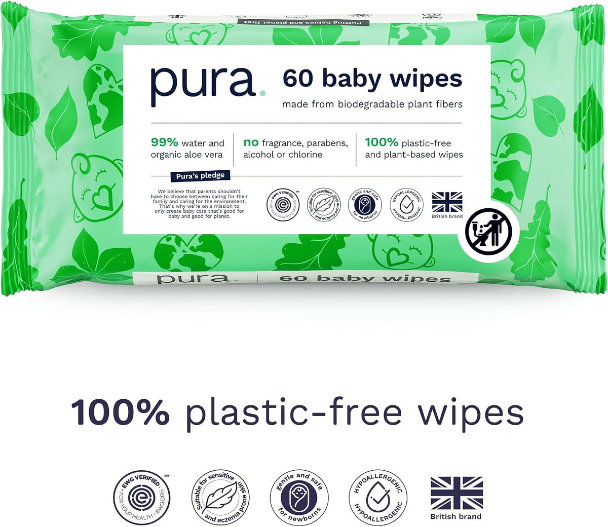 Pura Natural Sensitive Baby Wipes, 99% Water, Unscented & Hypoallergenic, Suitable for Sensitive & Eczema-prone Skin, Hypoallergenic, EWG Verified, 10 Pack of 60 Wet Wipes (600 Diaper Wipes) Bulk Buy