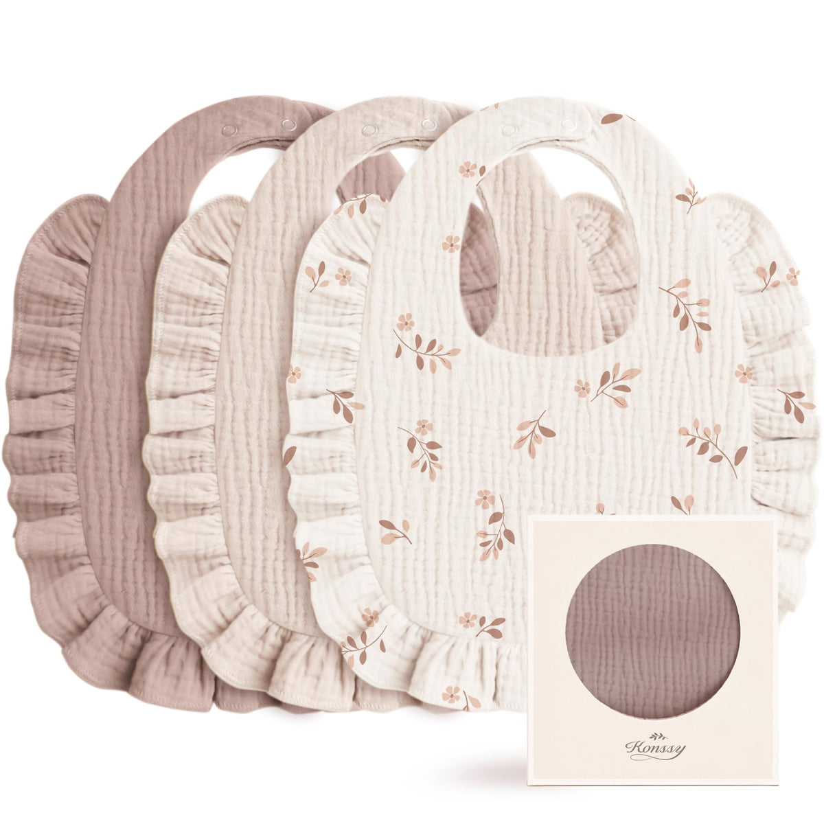 Konssy 3-Pack Muslin Baby Girl Bibs, 100% Cotton with Ruffle Trim