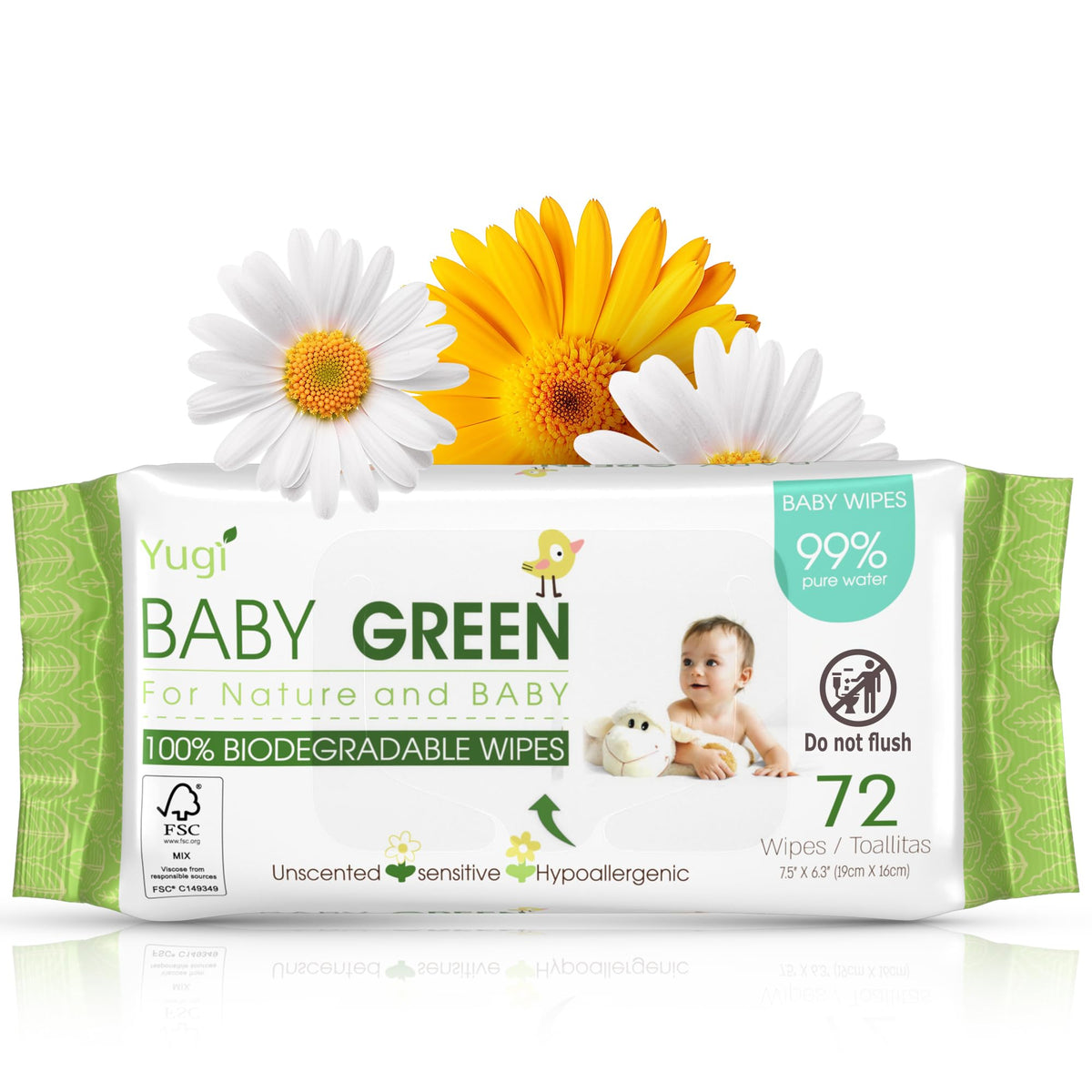 Yugi Green Baby Wipes for Babies Unscented, Made with Renewable Plant Fibers, Plant-Based, Fragrance-Free, for Sensitive Skin, 12 Packs,72 Count,864 wipes