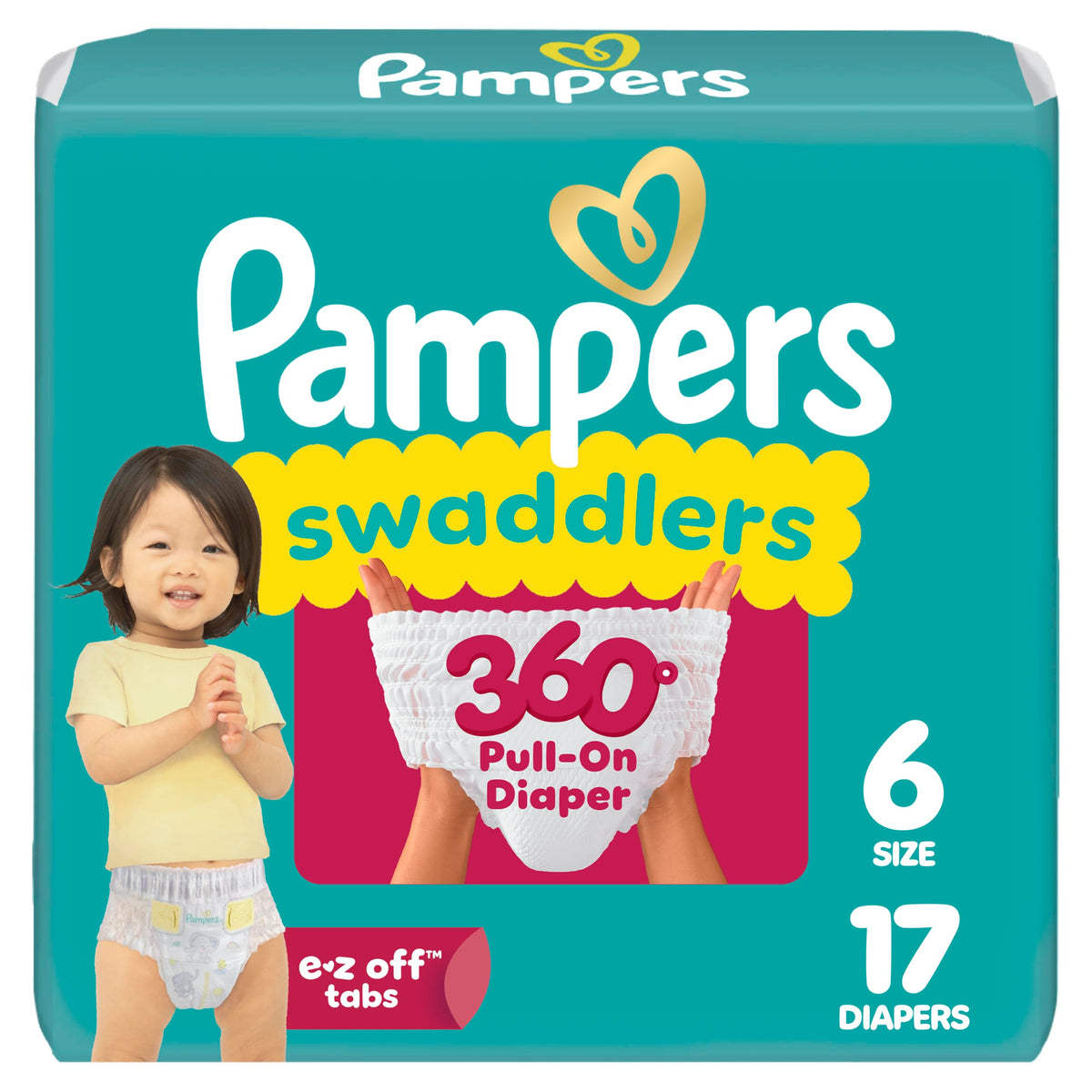 Pampers Diapers - Swaddlers 360° - Size 6, 72 Count, up to 100% Leakproof Comfy Dry Fit, Designed for Easy Changes, Pull On Baby Diaper
