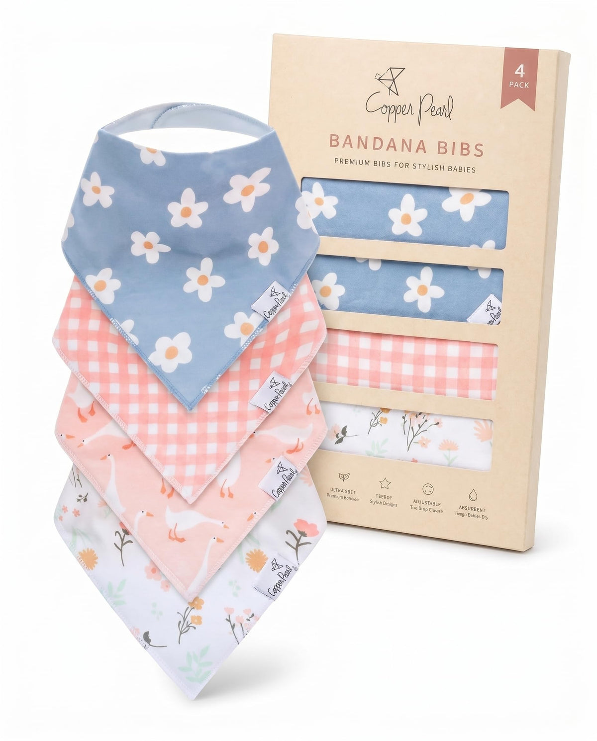 Copper Pearl Baby Bibs 4 Pack, Printed Bandana Drool Bibs for Baby Girl & Boy, Soft Cotton Drooling Teething Bibs