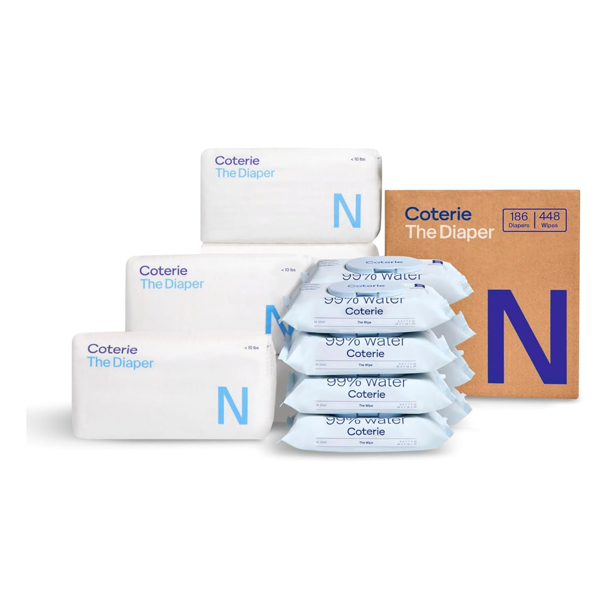 Coterie Baby Wipes + Diapers Kit, Size NB & Size 1 Diapers, 8-Pack Wipes