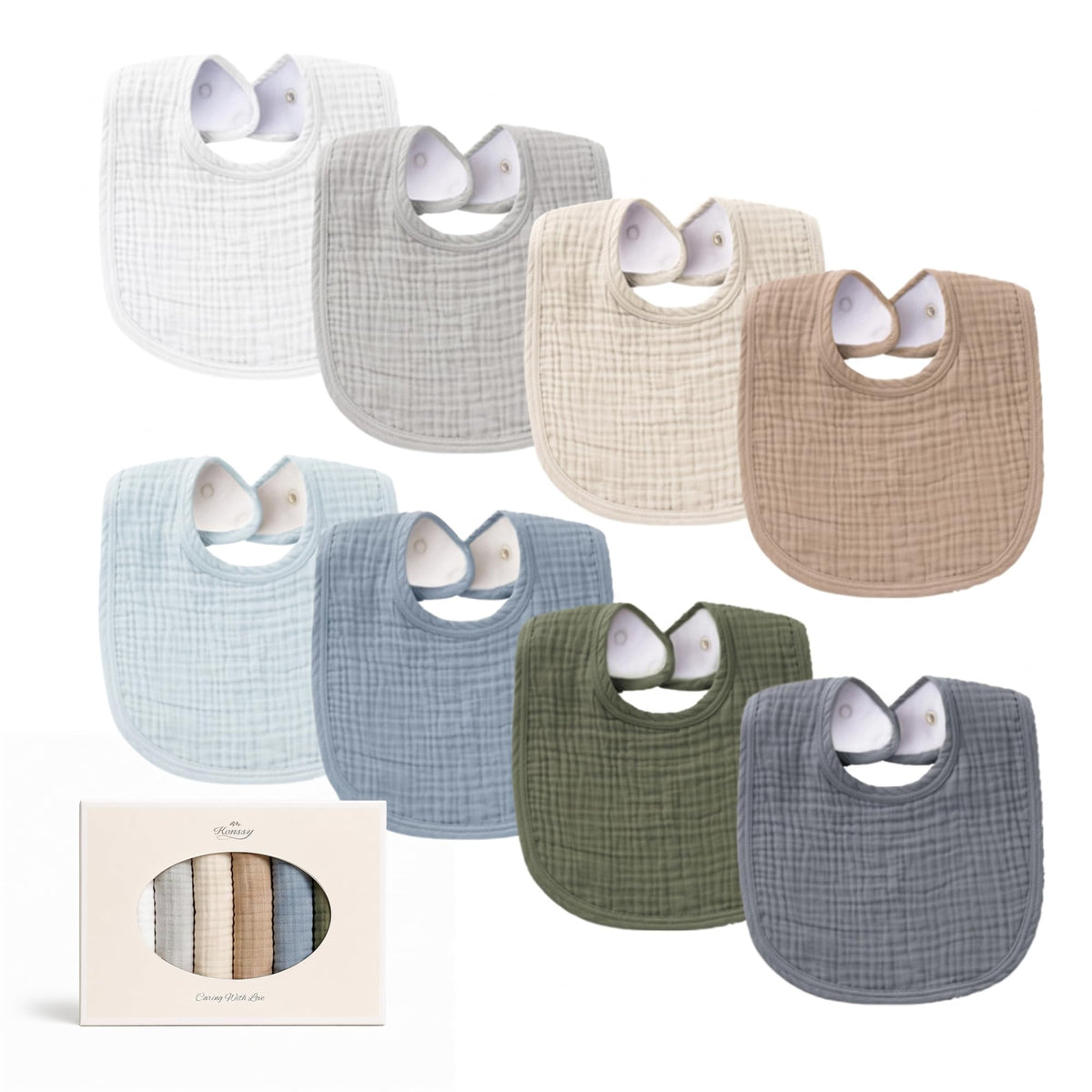 Konssy 8-Pack Muslin Baby Bibs, Adjustable Fit for Drooling and Teething