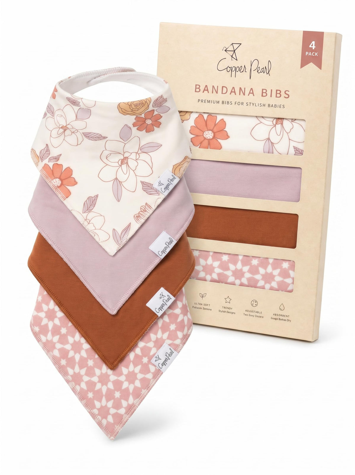 Copper Pearl Baby Bibs 4 Pack, Printed Bandana Drool Bibs for Baby Girl & Boy, Soft Cotton Drooling Teething Bibs