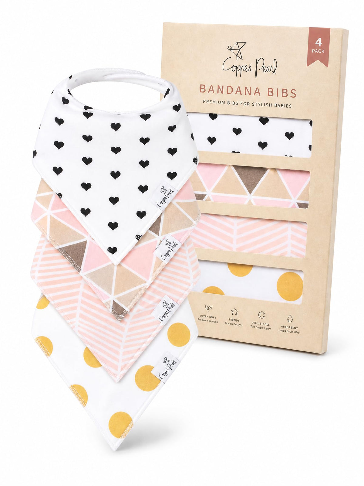 Copper Pearl Baby Bibs 4 Pack, Printed Bandana Drool Bibs for Baby Girl & Boy, Soft Cotton Drooling Teething Bibs
