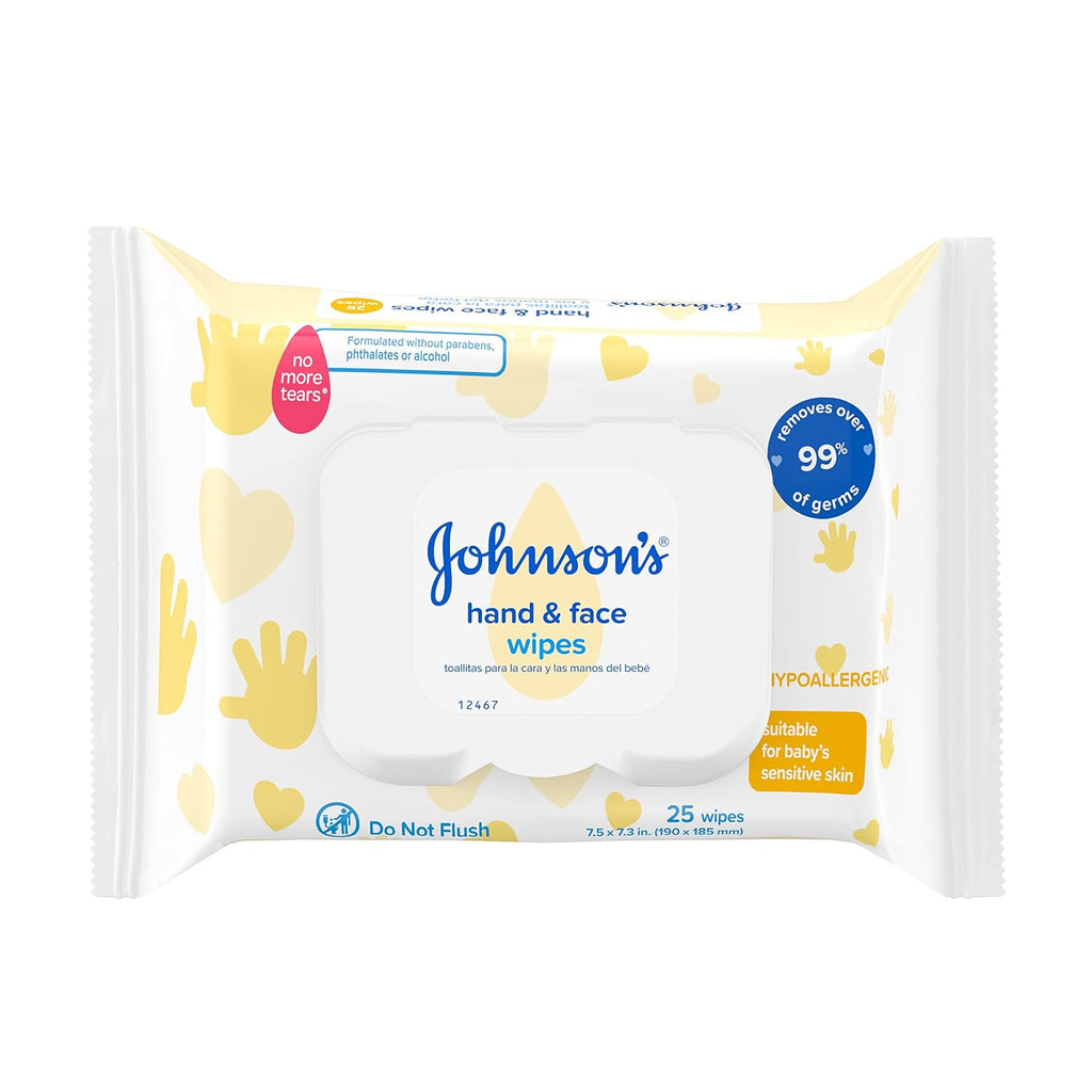 Johnson's Hand & Face Baby Sanitizing Cleansing Wipes for Travel and On-the-Go, No More Tears Formula, Paraben and Alcohol Free, 25 ct (Pack of 4)