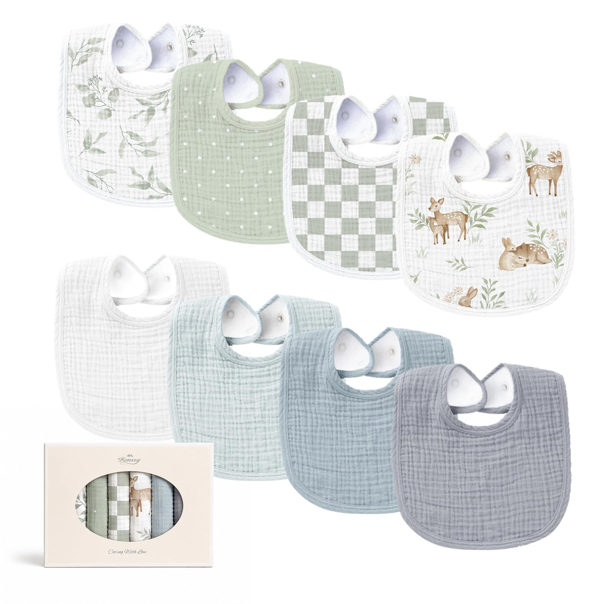 Konssy 8-Pack Muslin Baby Bibs, Adjustable Fit for Drooling and Teething