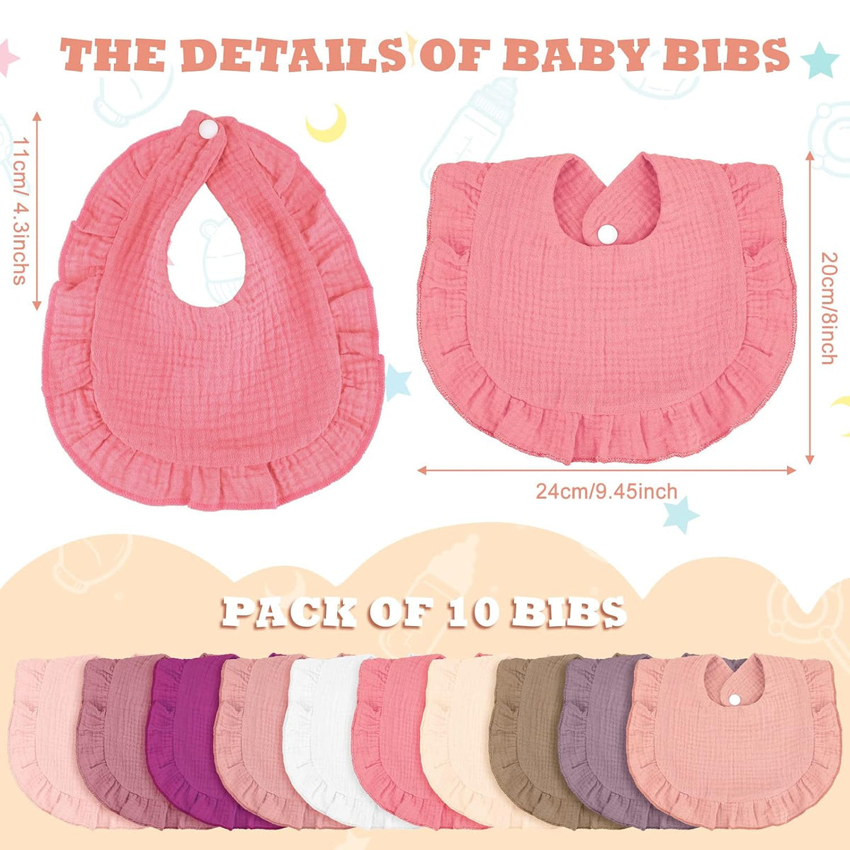 Seematn 10 Pcs Baby Muslin Bibs for Unisex Girls & Boys Drool Bibs Bandana Ruffle Soft Cotton for Newborn Infants Toddlers(Retro Colors)