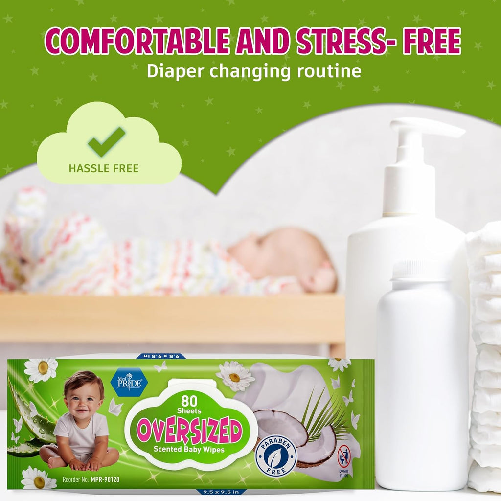 MED PRIDE Oversized Scented Baby Wipes 9.5x9.5 in,Aloe & Vitamin E,240 Ct