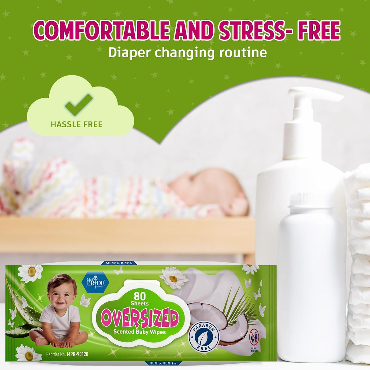 MED PRIDE Oversized Scented Baby Wipes 9.5x9.5 in,Aloe & Vitamin E,240 Ct