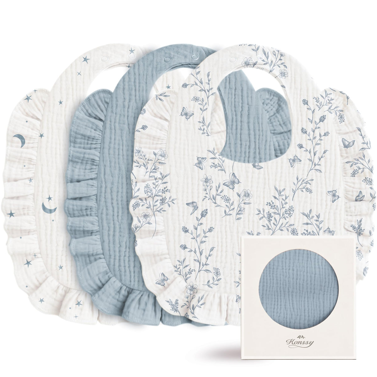 Konssy 3-Pack Muslin Baby Girl Bibs, 100% Cotton with Ruffle Trim