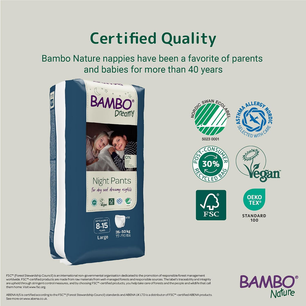 Bambo Nature Premium Dreamy Night Pants, Pull Up Pants, Eco-Labeled Night Time Diapers, Secure, Comfortable, Skin Friendly : Children Aged 8-15 Years, 10 Count