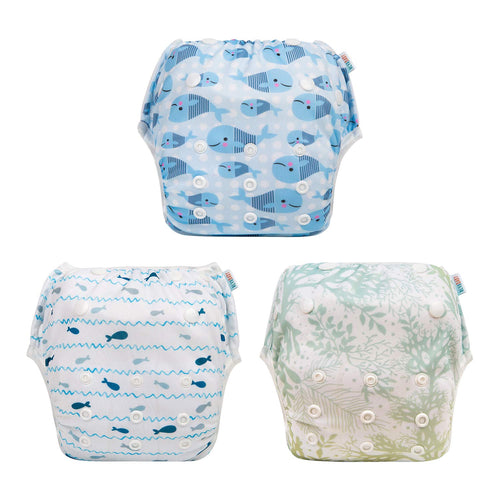 ALVABABY 3pcs Swim Diapers Baby & Toddler Snap One Size Reusable Adjustable Baby Boy Large Fish&sea-Plant 3ZSWY02