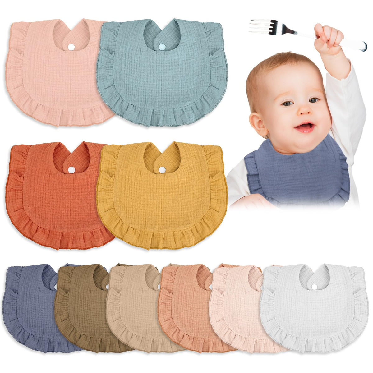 Seematn 10 Pcs Baby Muslin Bibs for Unisex Girls & Boys Drool Bibs Bandana Ruffle Soft Cotton for Newborn Infants Toddlers(Retro Colors)