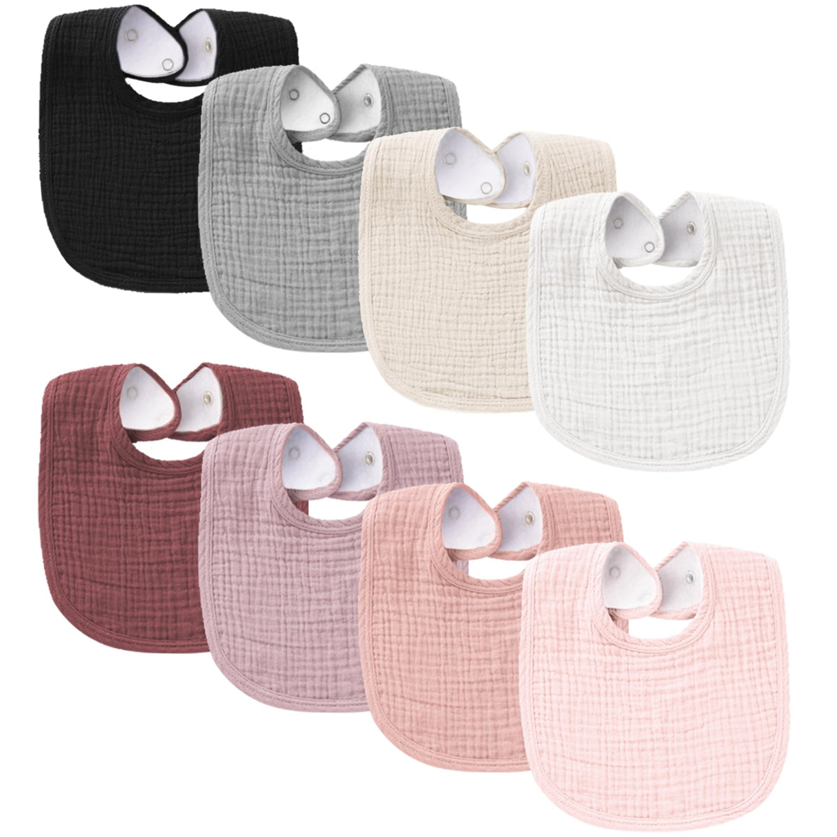 Konssy 8-Pack Muslin Baby Bibs, Adjustable Fit for Drooling and Teething