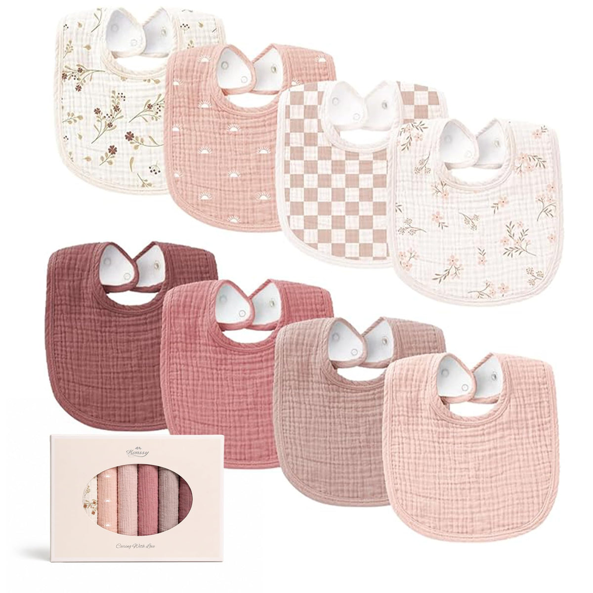 Konssy 8-Pack Muslin Baby Bibs, Adjustable Fit for Drooling and Teething