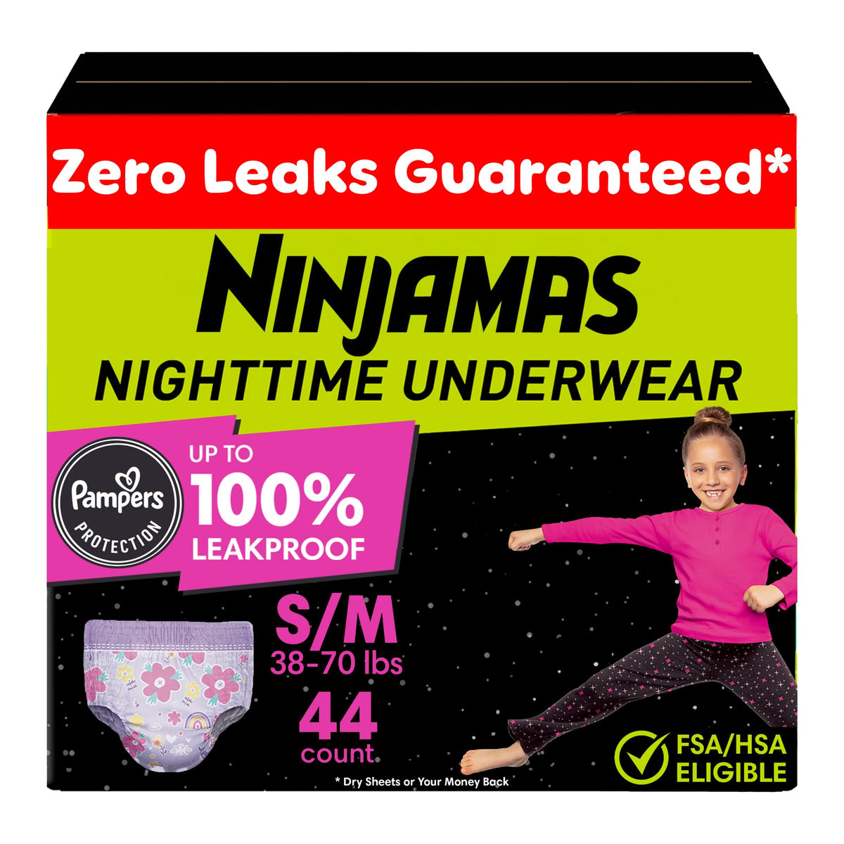 Ninjamas Girls Bedwetting Nighttime Underwear, Size S/M (38-70 lbs), 88 Count, Overnight Protection, Ultra Absorbent, Hypoallergenic