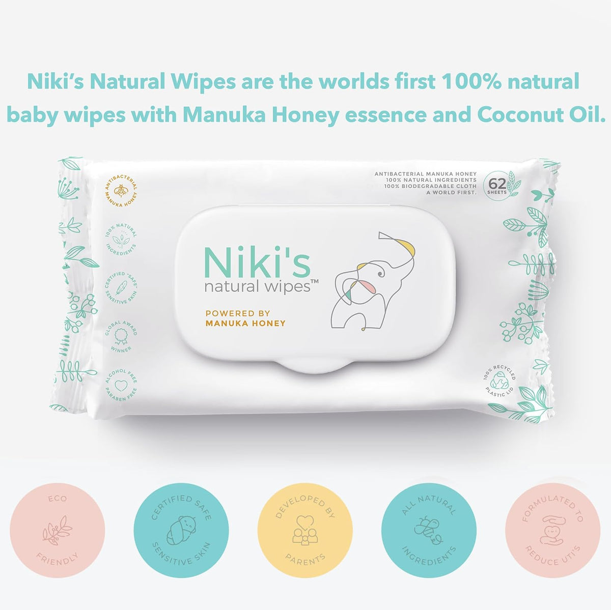 Niki's Natural Baby Wipes, Sensitive Organic Manuka Honey Wet Wipes, 4 Pack