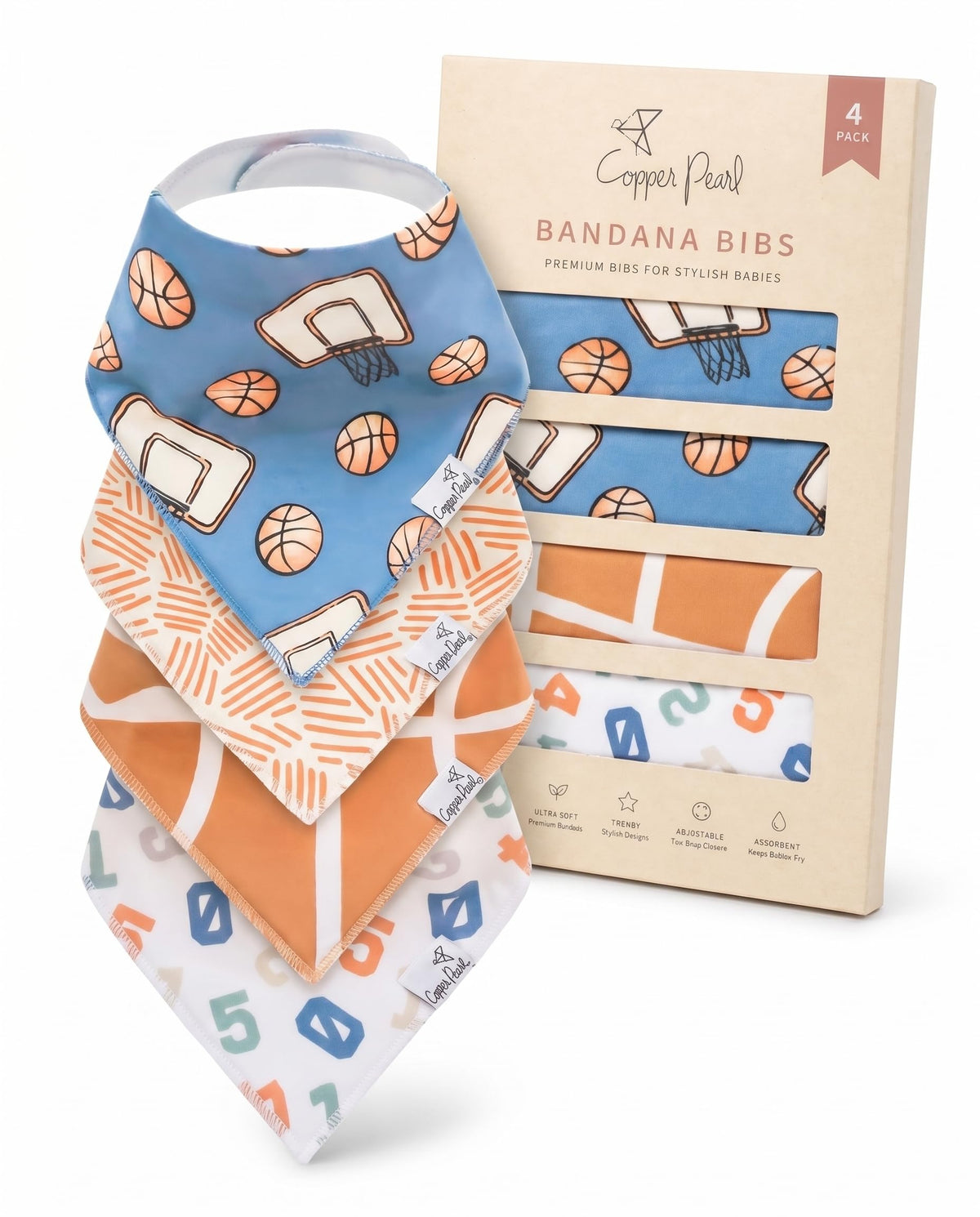 Copper Pearl Baby Bibs 4 Pack, Printed Bandana Drool Bibs for Baby Girl & Boy, Soft Cotton Drooling Teething Bibs