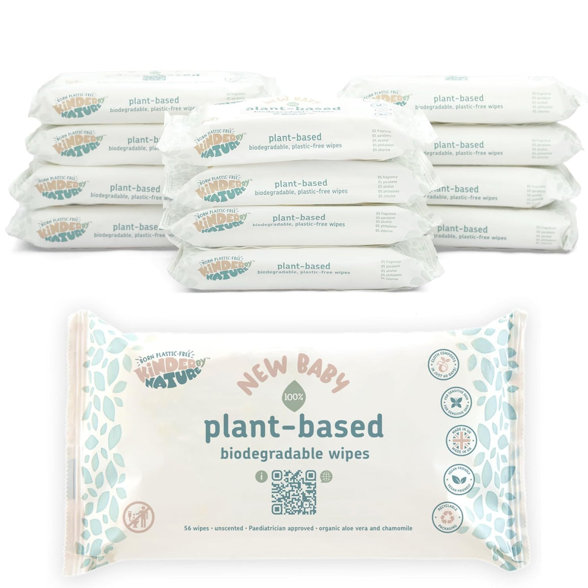 Kinder by Nature Plant Based Baby Wipes - 100% Biodegradable & Compostable, 672 Count (12 Packs of 56) - 99% Plant-Based Ingredients, Plastic-Free Wipes