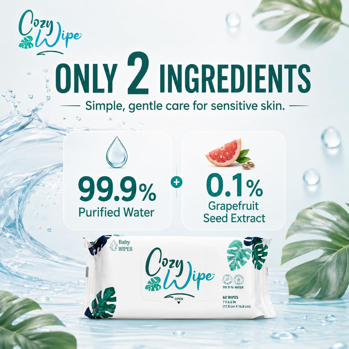 Baby Wipes, 99.9% Water Based Unscented Diaper Wipes for Sensitive Newborn Skin, Plant-Based, Plastic-Free, 9 Packs, 540 Count
