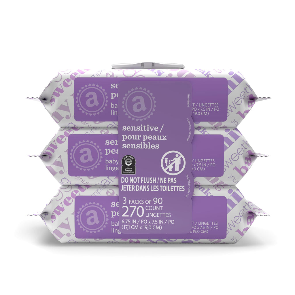 Amazon Elements Baby Wipes, Sensitive, Unscented, Cleans Gently, 810 Count, Flip-Top Packs, Pack of 9