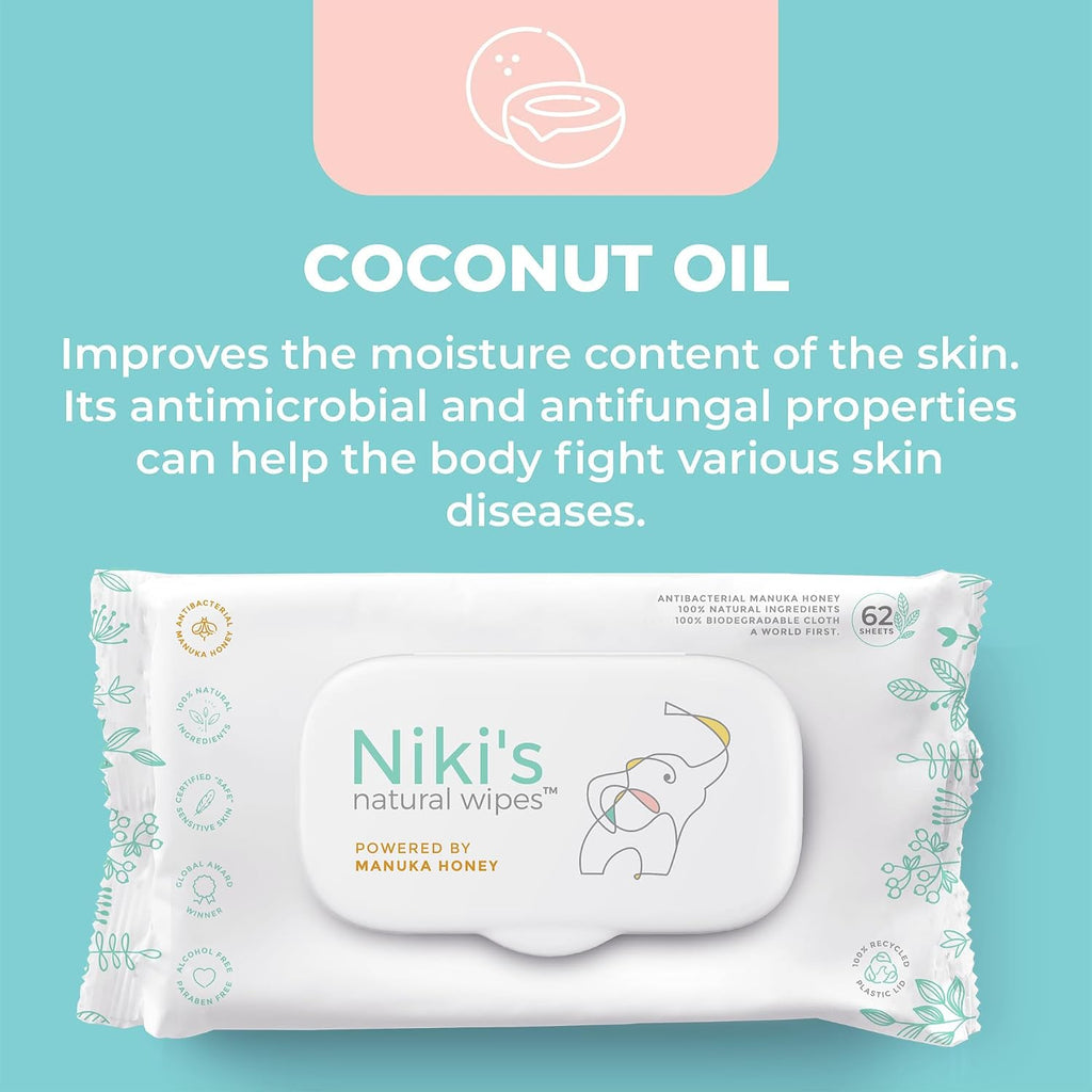 Niki's Natural Baby Wipes, Sensitive Organic Manuka Honey Wet Wipes, 4 Pack
