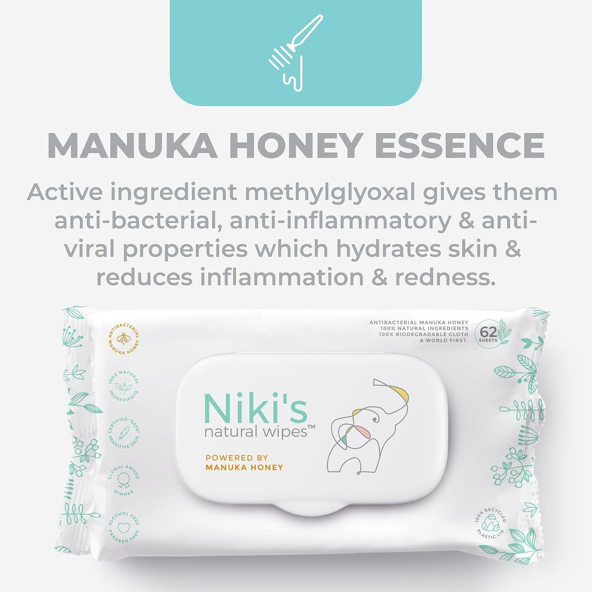 Niki's Natural Baby Wipes, Sensitive Organic Manuka Honey Wet Wipes, 4 Pack