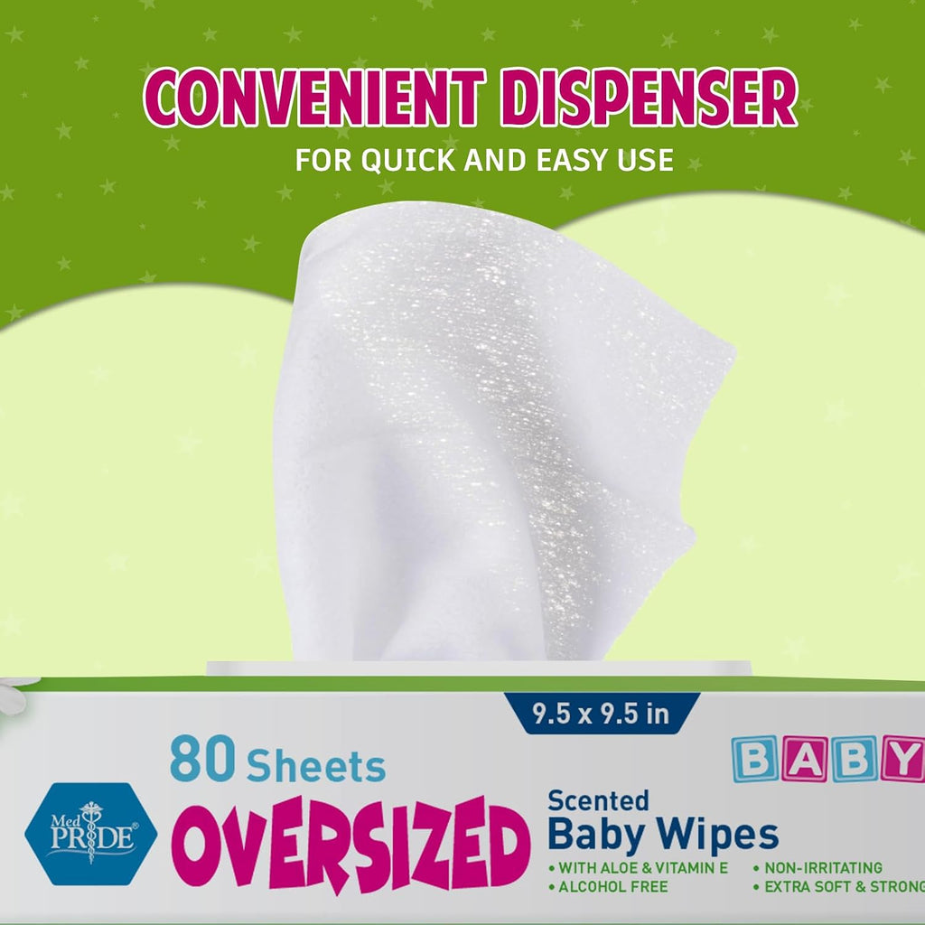 MED PRIDE Oversized Scented Baby Wipes 9.5x9.5 in,Aloe & Vitamin E,240 Ct