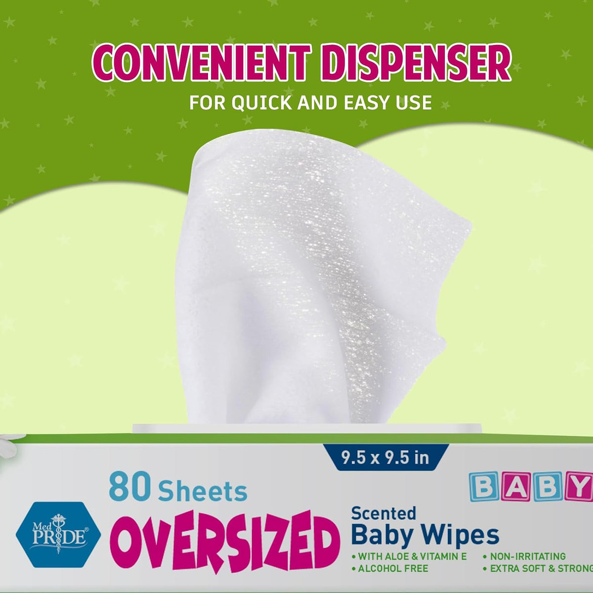 MED PRIDE Oversized Scented Baby Wipes 9.5x9.5 in,Aloe & Vitamin E,240 Ct