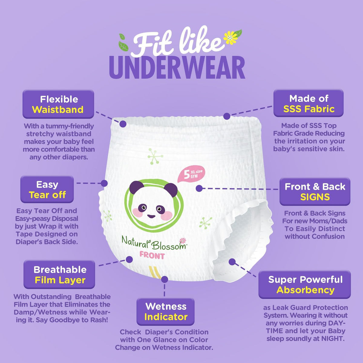 Natural Blossom Pull-On Baby Diapers | Ultra-Slim, Hypoallergenic, Super Soft, Vegan | Size 5 (3T-4T, 26-37 lbs) | 88 Count